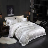 WHITE SILVER SILK COTTON LUXURY BUTTERFLY Embroidery BEDDING SET | Yedwo